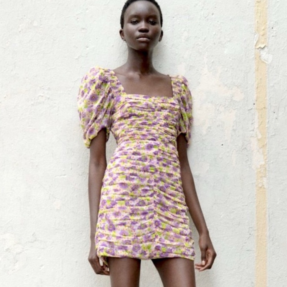 Zara Lavender Floral Mini Dress - Puff Sleeves - Smocked Back - Size XS